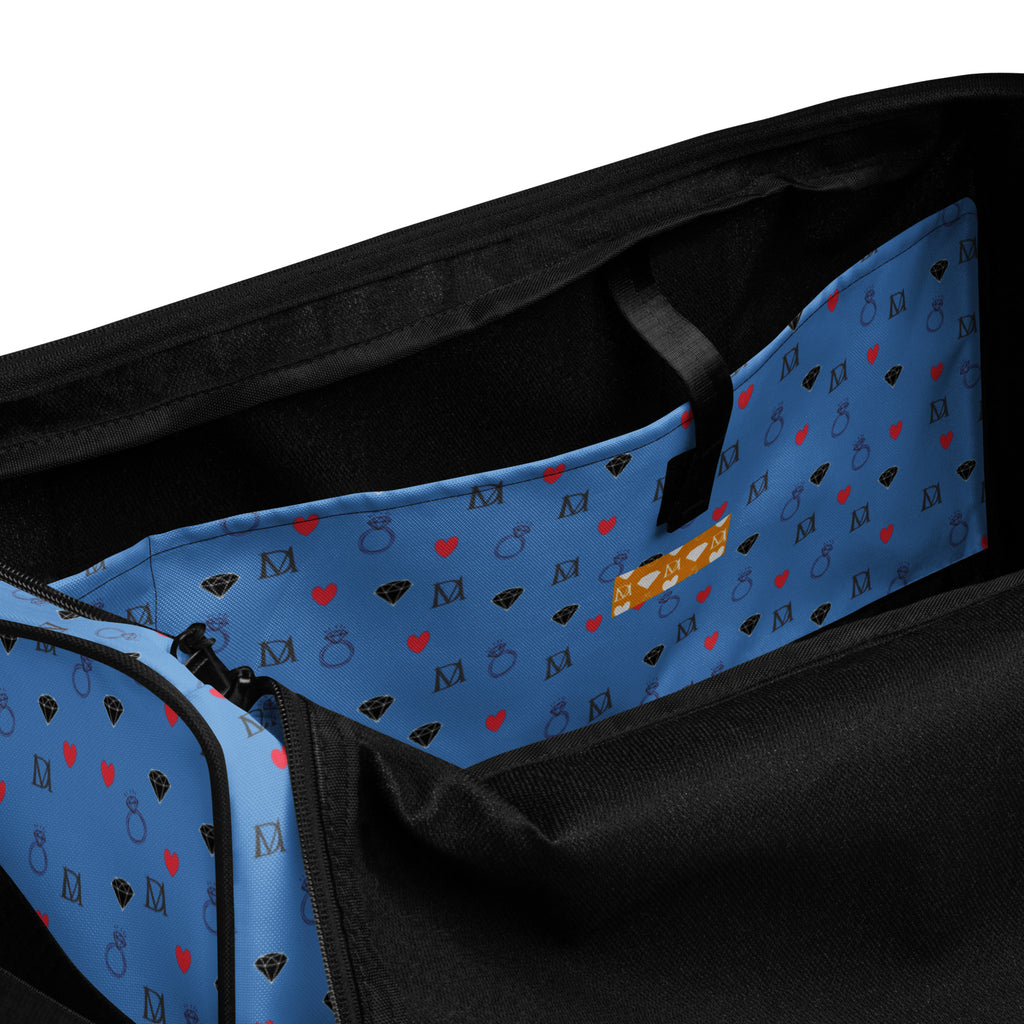 Daemon Luxury Speckled Diamonds Minno Harbor all-over print duffle bag with white interior and side pocket.