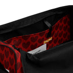 Heartfelt white label Borsone duffle bag by Daemon Luxury with all-over print and interior pocket, stylish travel accessory.