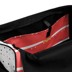 White Daemon Luxury SACHI BANS Artica Blizzard duffle bag with all-over print and interior pocket, designed for travel and storage.
