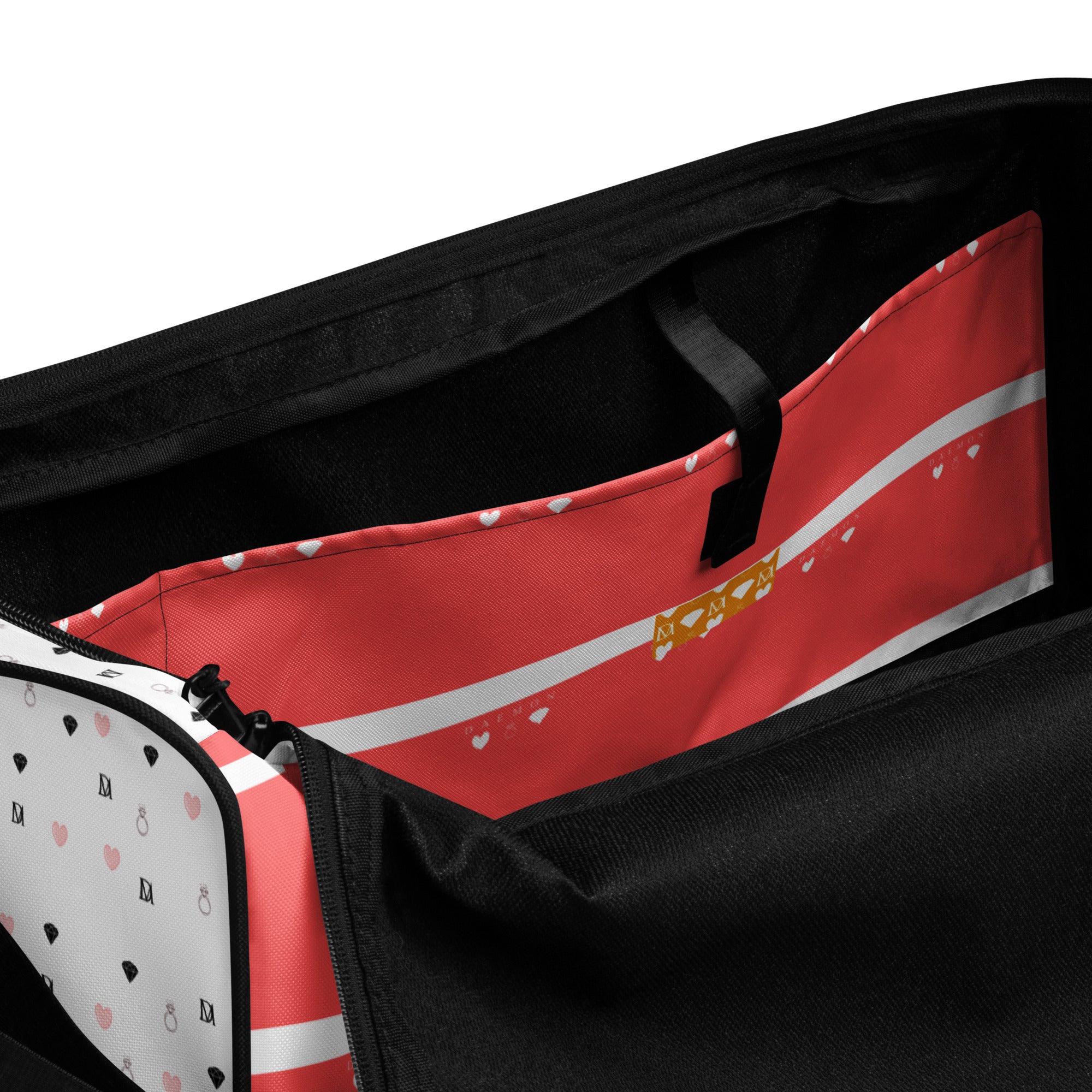 White Daemon Luxury SACHI BANS Artica Blizzard duffle bag with all-over print and interior pocket, designed for travel and storage.