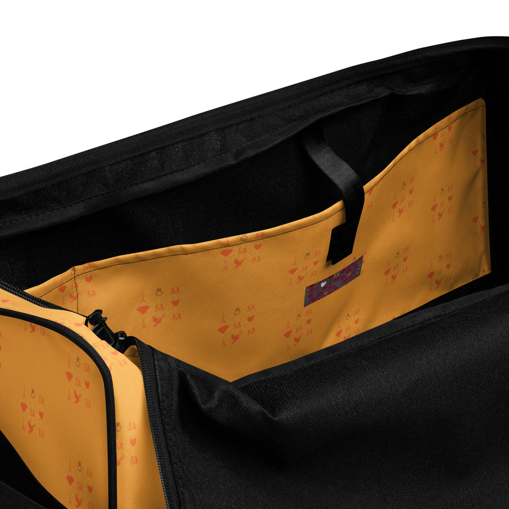 Makara Coroner duffle bag by Daemon Luxury with all-over-print design, white interior pocket, durable travel bag.