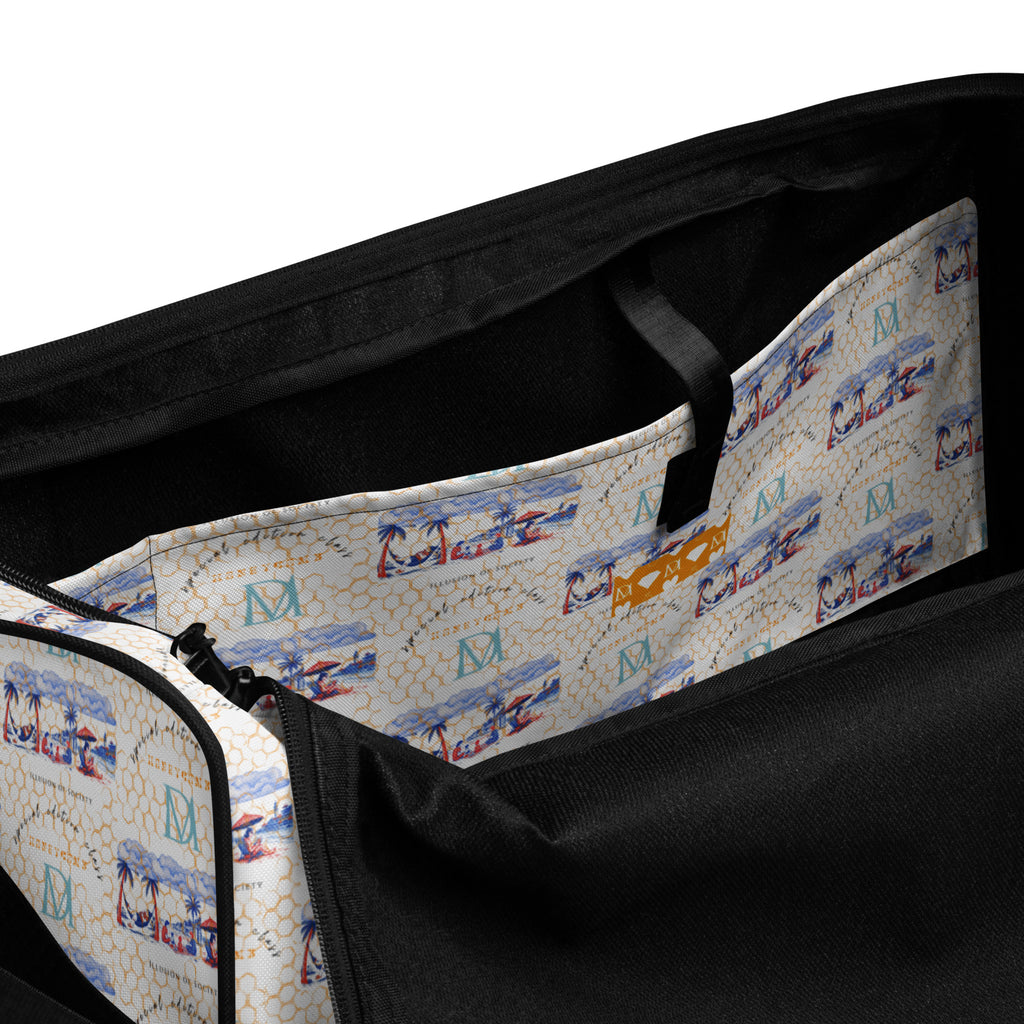 Daemon Luxury Honeybee Intel forecast duffle bag with all-over print, white interior pocket, durable fabric, and versatile design.