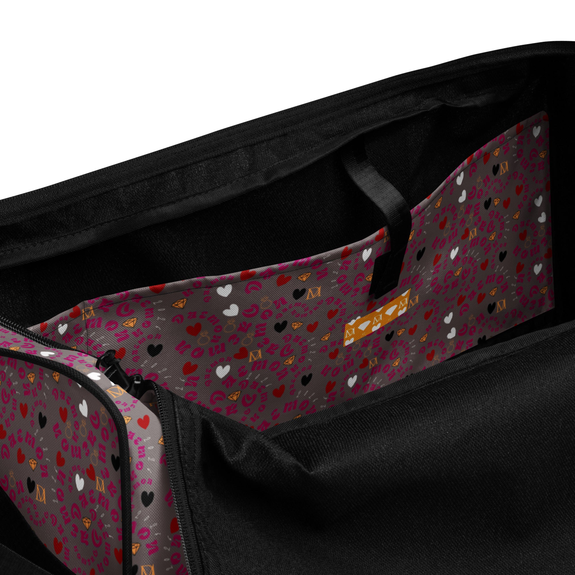 Daemon Luxury Carnival Bay Picasso Mirrors duffle bag with all-over print and white interior pocket, stylish travel accessory.