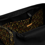 White all-over-print Sun Glow California duffle bag by Daemon Luxury with interior pocket and spacious design.
