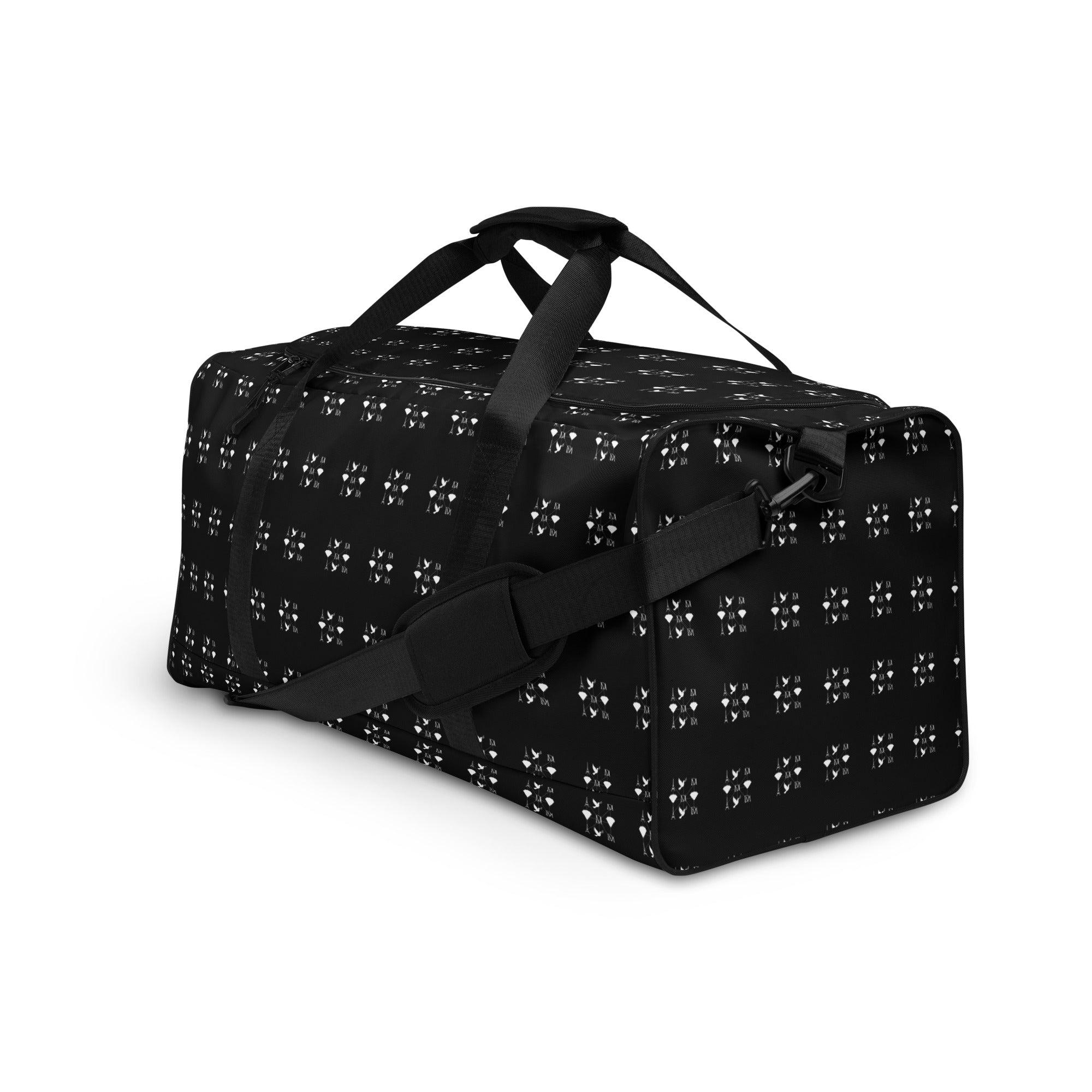 Daemon Makara Coroner Borsone duffle bag with all-over white print, featuring sturdy handles and spacious main compartment.