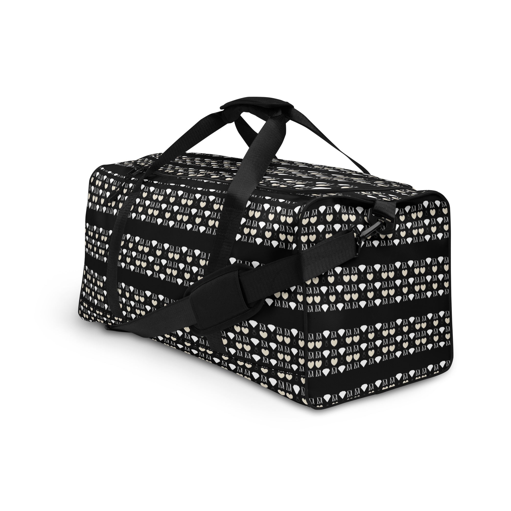 Daemon Frosted Diamonds Rich Love all-over-print white duffle bag with diamond pattern, stylish and spacious for travel or gym use.
