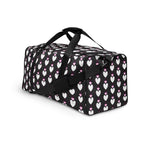 Frosted Hearts Nemesis Borsone duffle bag with all-over white hearts print by Daemon Luxury, showing front and side view.
