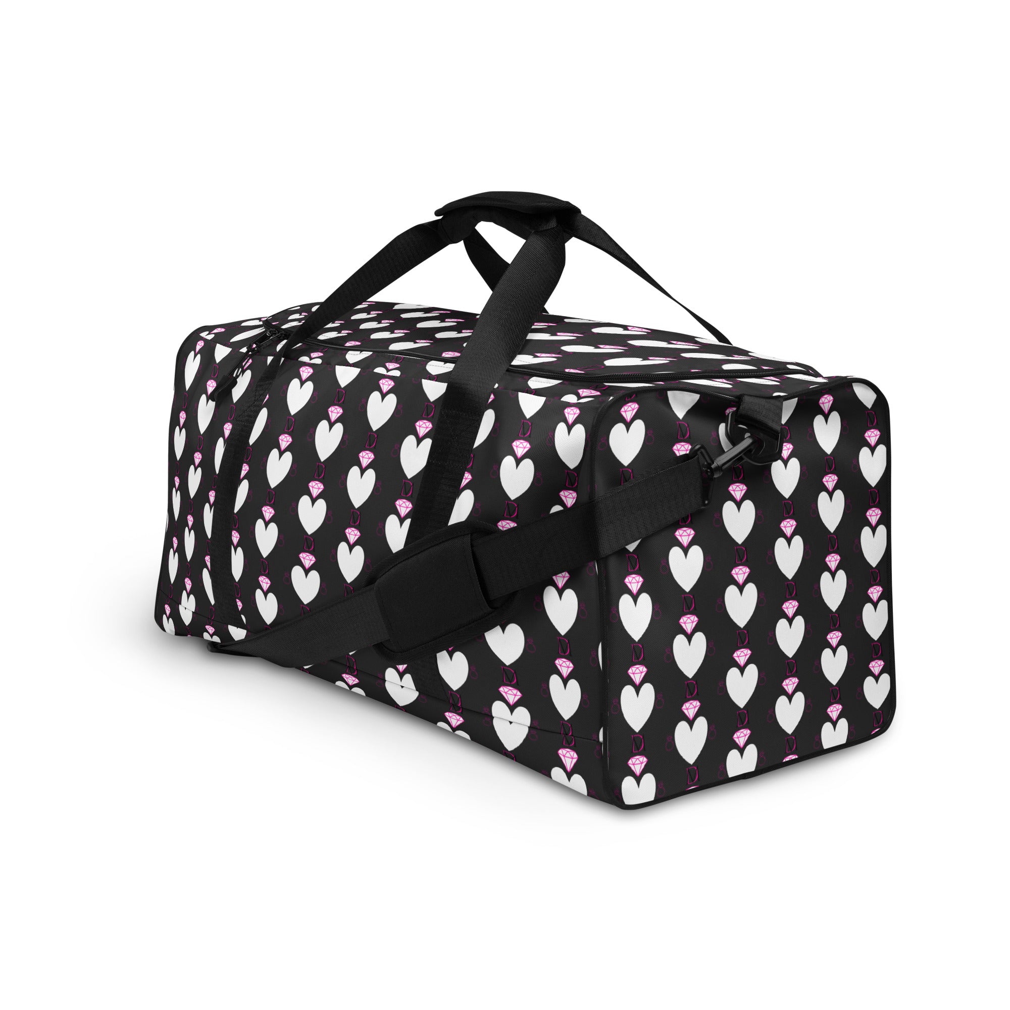 Frosted Hearts Nemesis Borsone duffle bag with all-over white hearts print by Daemon Luxury, showing front and side view.