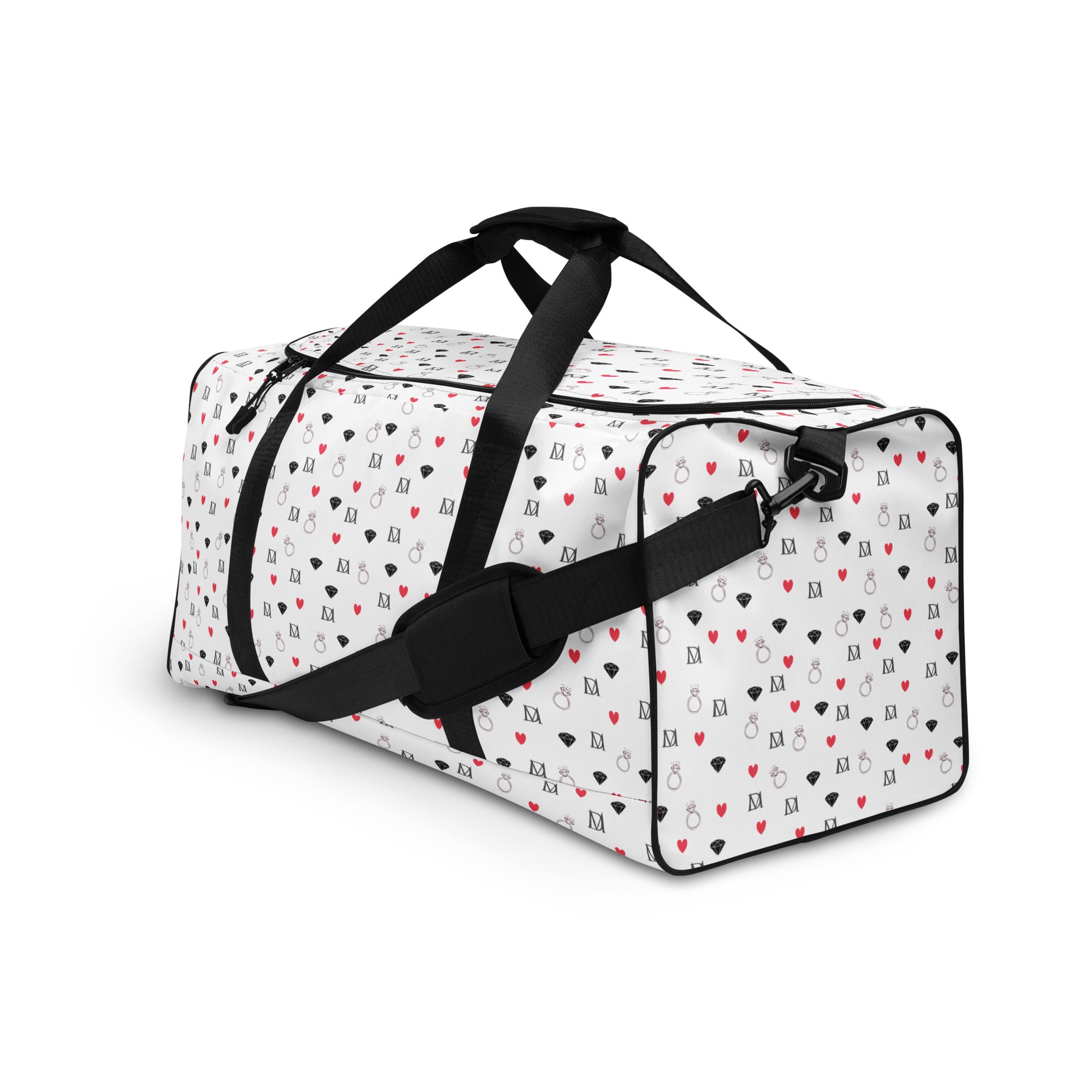 Daemon Luxury Speckled Diamonds Artica Blizzard duffle bag with all-over white and black diamond pattern, front view.