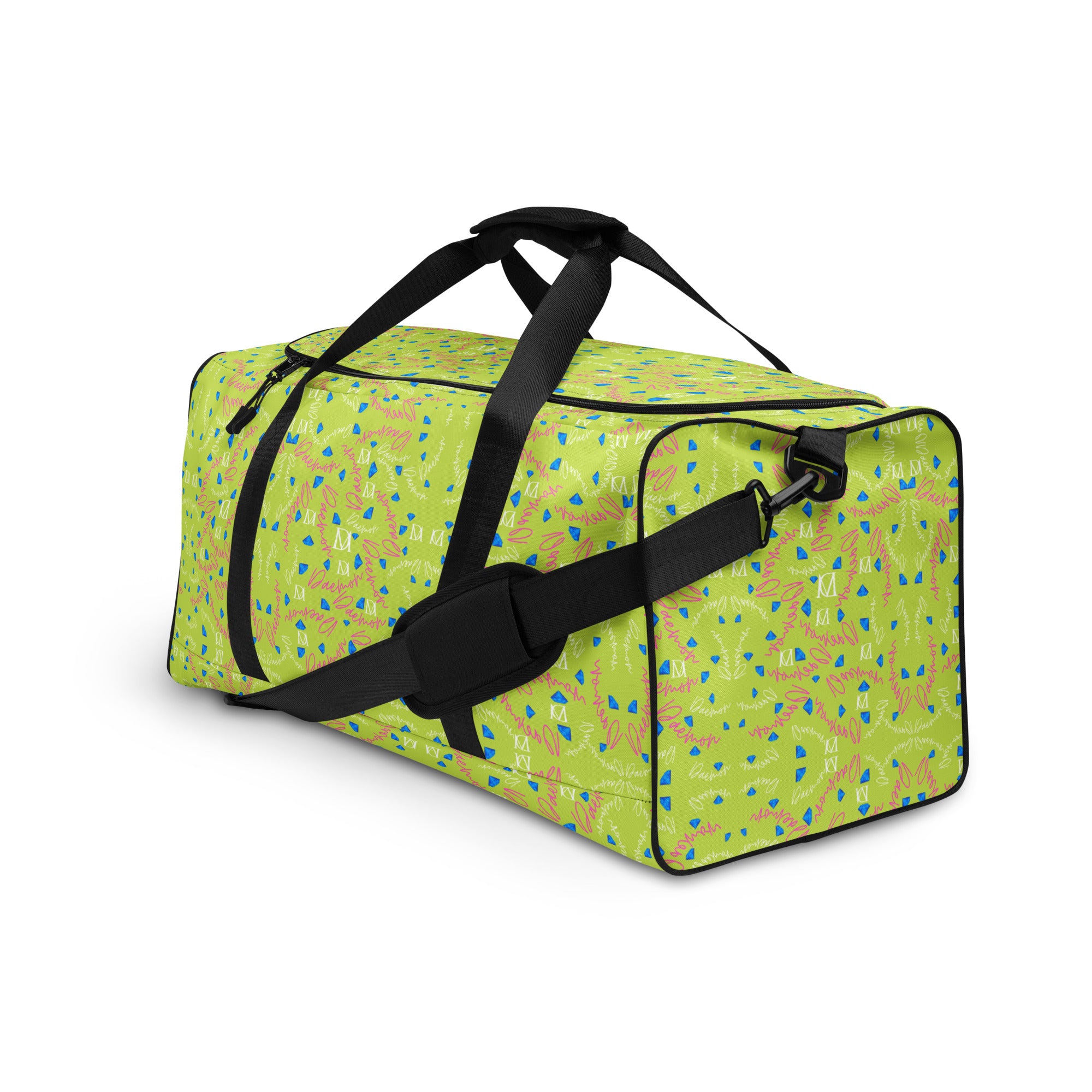 Daemon Luxury Picasso Mirrors Borsone duffle bag with all-over white print, front view showing detailed design and spacious carry area.