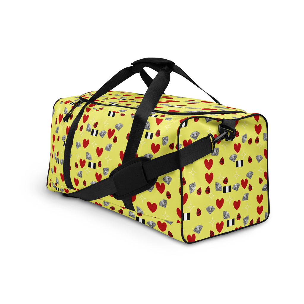 White all-over print Daemon Luxury Foreigners Luv Solar Butter duffle bag showing front and side views.