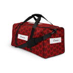 Daemon Luxury Heartfelt White Label duffle bag with all-over print, showing the left front view of the stylish carryall.