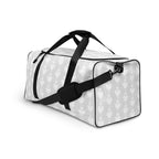 White Daemon Luxury Frosted Heartfelt sunless all-over-print duffle bag displayed from the left front view.