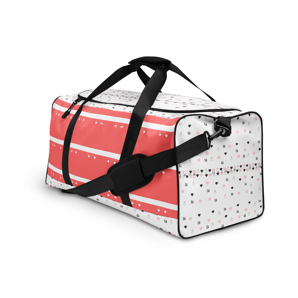 Daemon Luxury SACHI BANS Artica Blizzard white all-over-print duffle bag showing left front view, with bold abstract design.