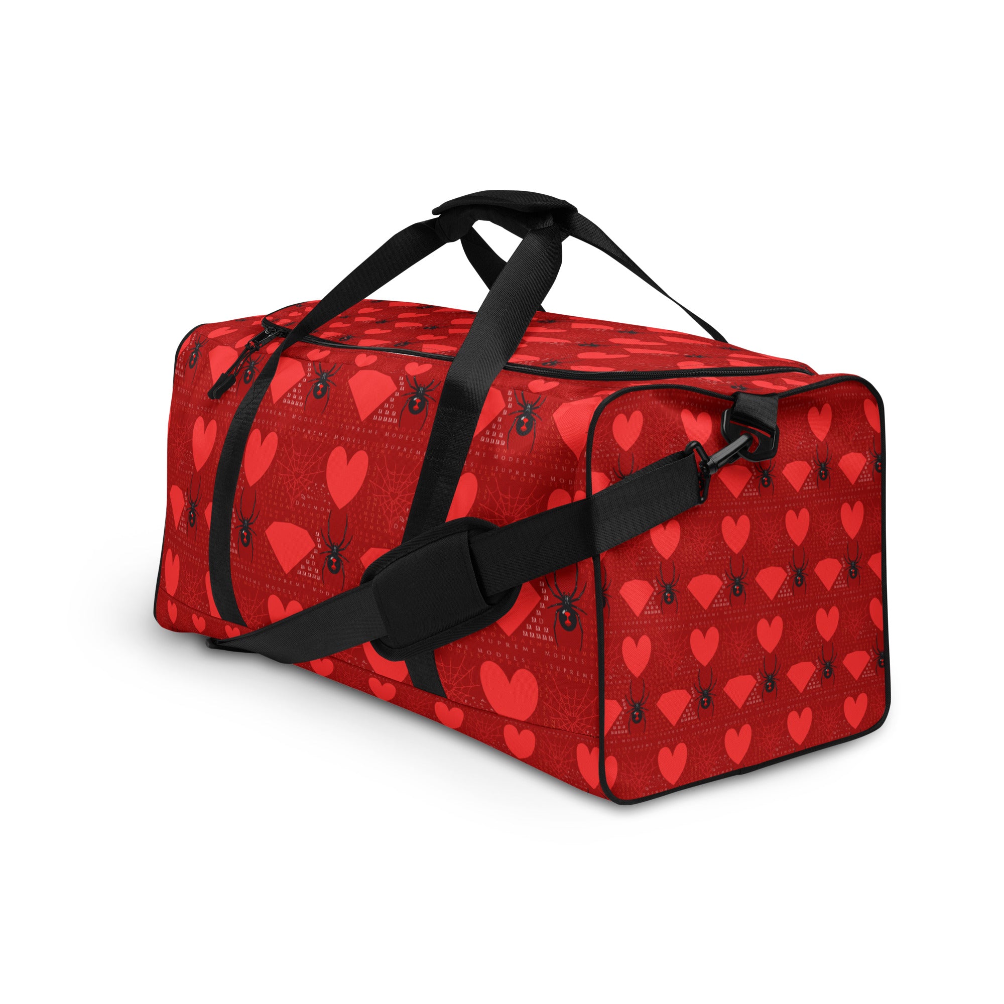 Daemon Luxury Supreme Models Borsone duffle bag with all-over print, white color, front view showing detailed design.