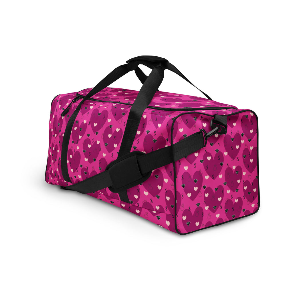 White Daemon Luxury Heartfelt STF Little Magenta duffle bag with all-over print, front view showing handles and detailed design.