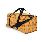 Daemon Luxury STF Bliss Lucciole Falo all-over-print duffle bag in white, front view showing detailed design and sturdy handles.