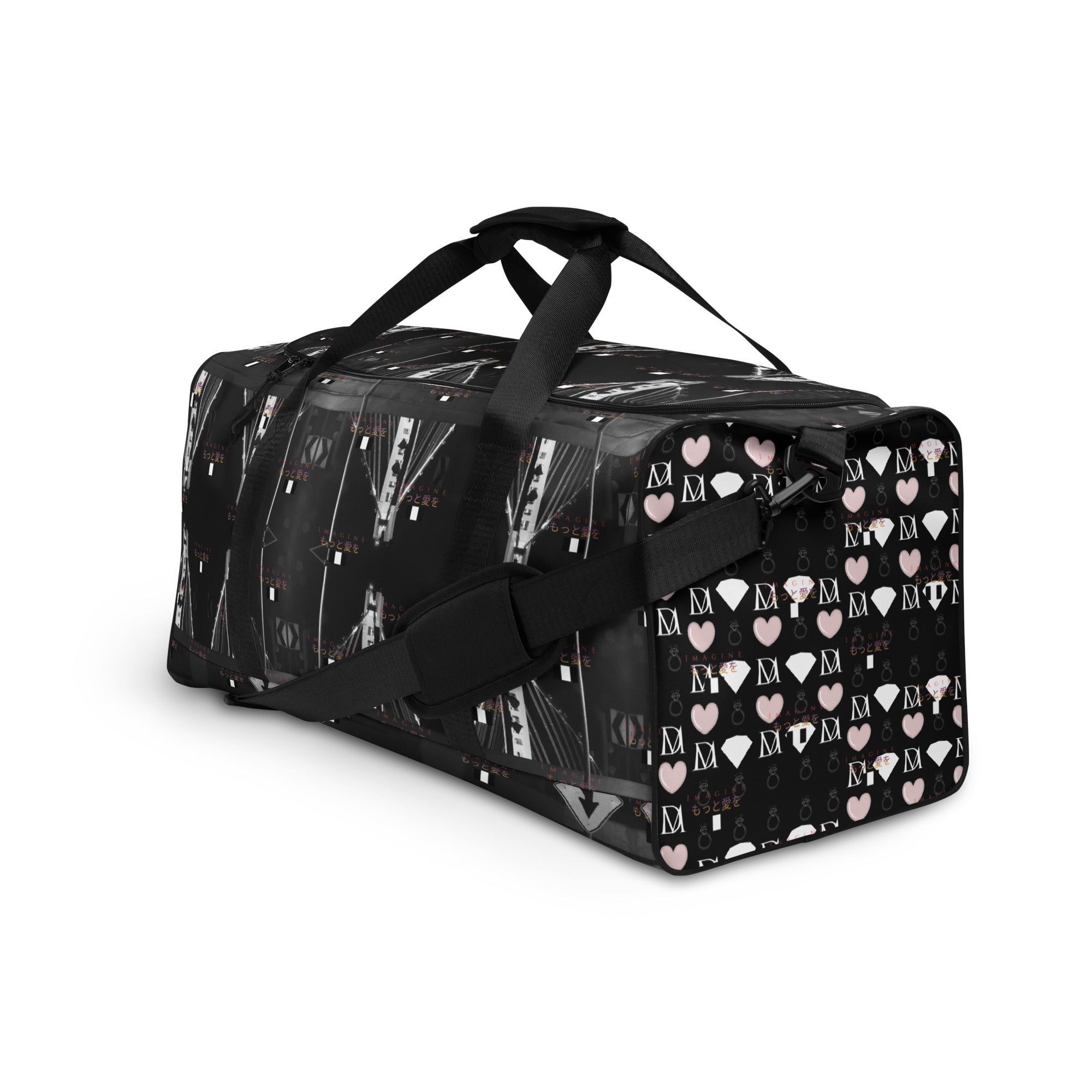 White Southgate Treasured Borsone duffle bag by Daemon Luxury with all-over print, front view showing spacious design and sturdy handles.