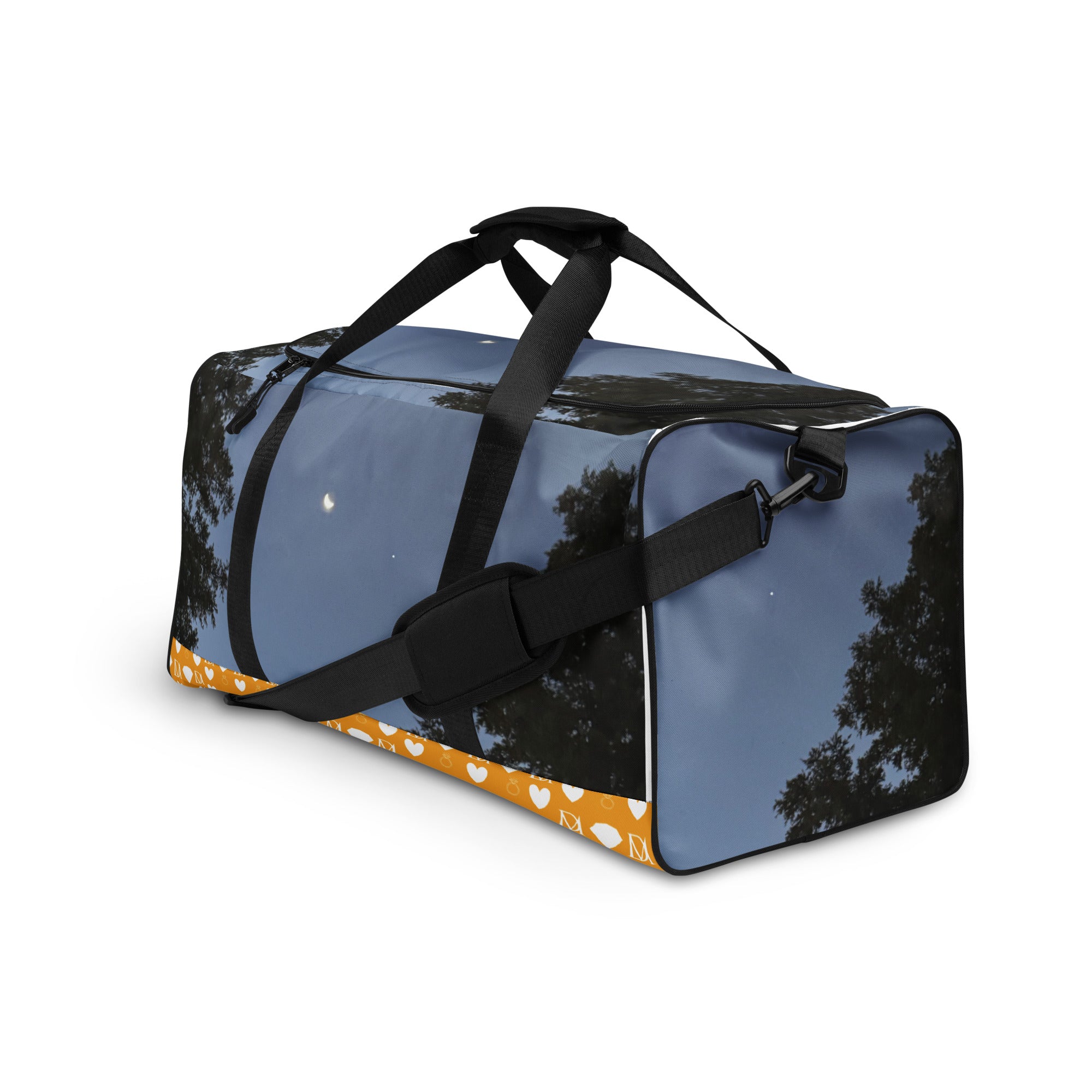 Daemon Luxury Crescent City Tarmin Honeybees all-over-print duffle bag with white background, front view showing detailed design.