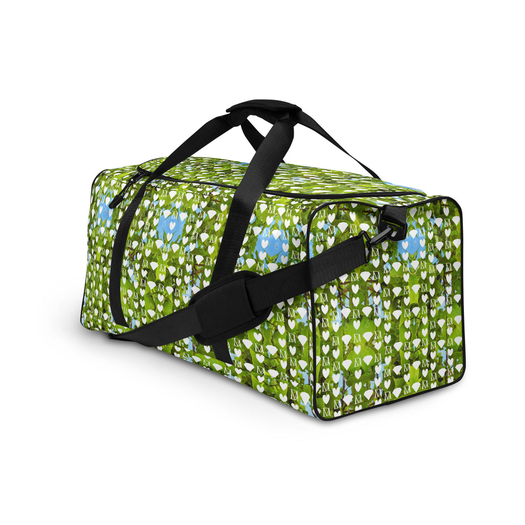 Daemon Luxury Belly Red’s Garden (Rebirth) all-over-print duffle bag in white, showing front and side view with floral design.