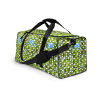 Daemon Luxury Belly Red’s Garden (Rebirth) all-over-print duffle bag in white, showing front and side view with floral design.