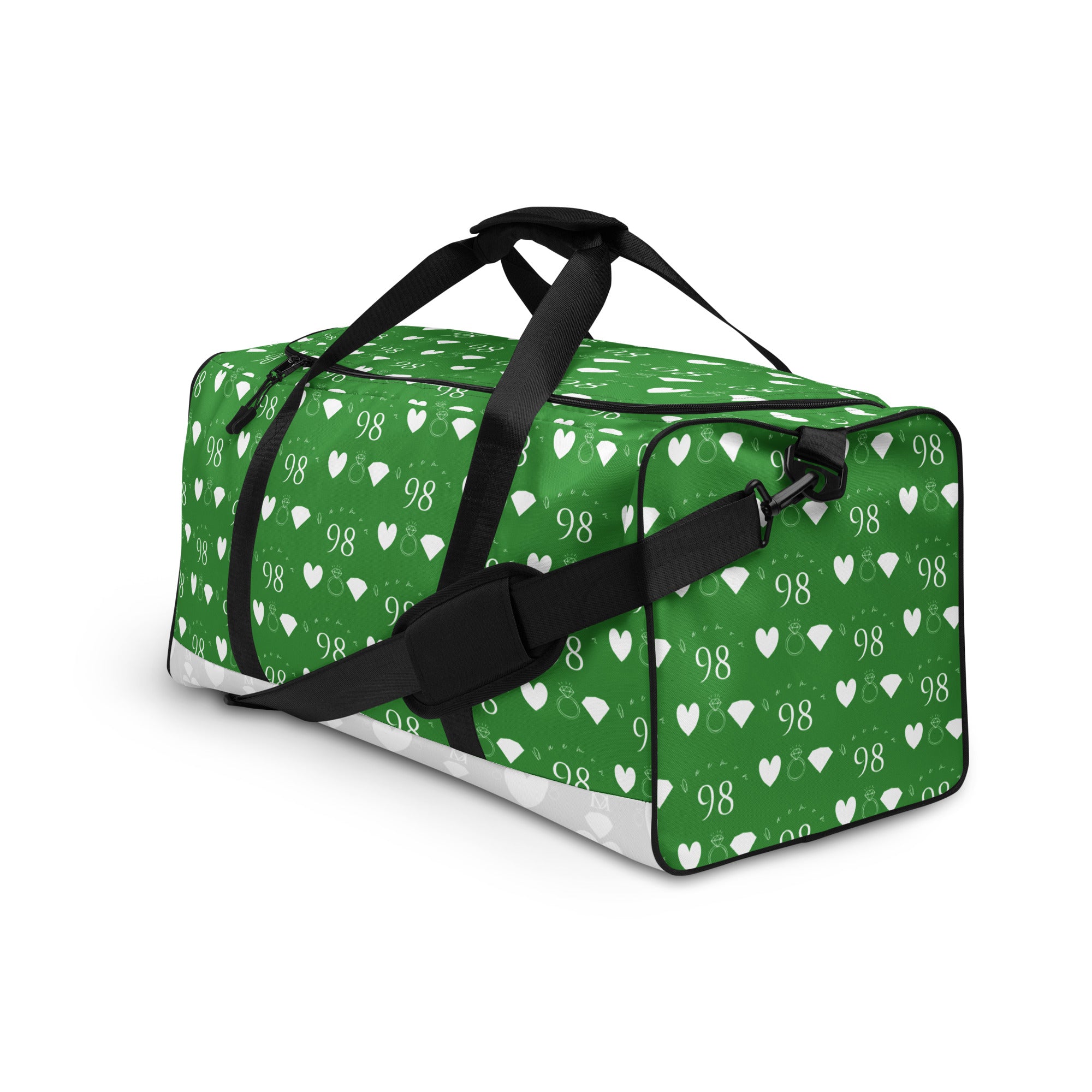 Daemon Luxury Belly Red’s Garden Borsone duffle bag with all-over floral print, white background, and sturdy handles.