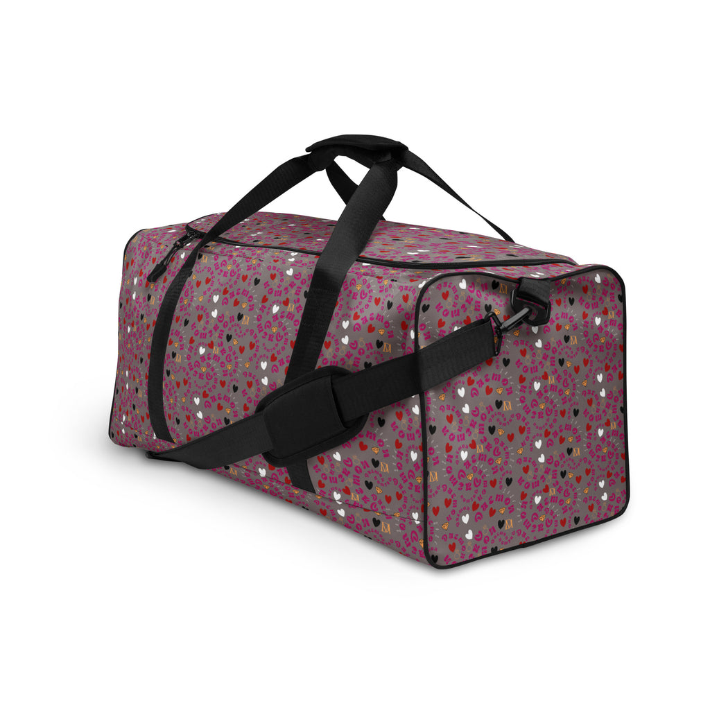 Daemon Luxury Carnival Bay Picasso Mirrors duffle bag with all-over white print, showing the left front view.