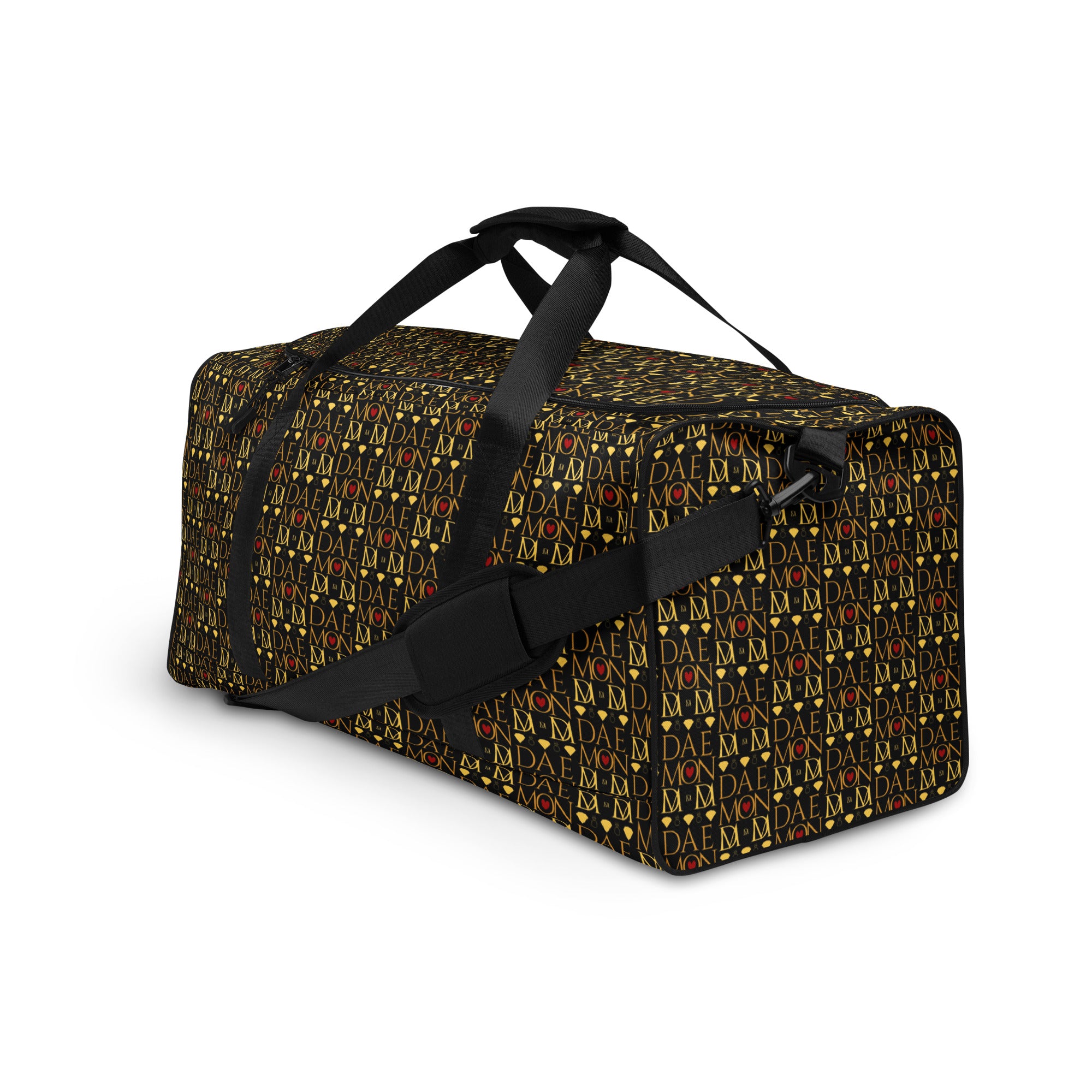 Daemon Luxury Sun Glow California Borsone duffle bag with all-over white and colorful print, front view showing handles and design details.
