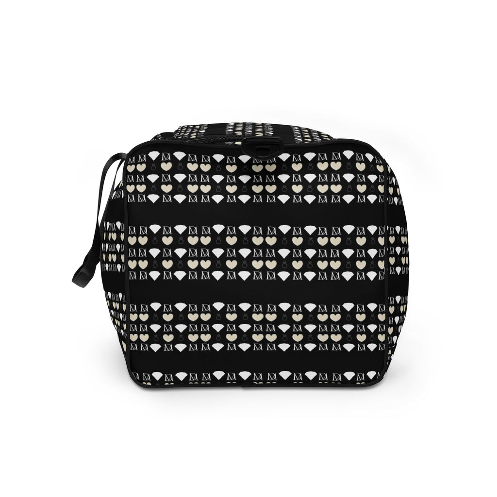 Daemon Frosted Diamonds Rich Love all-over-print duffle bag in white with diamond pattern, featuring bold design on the left side.