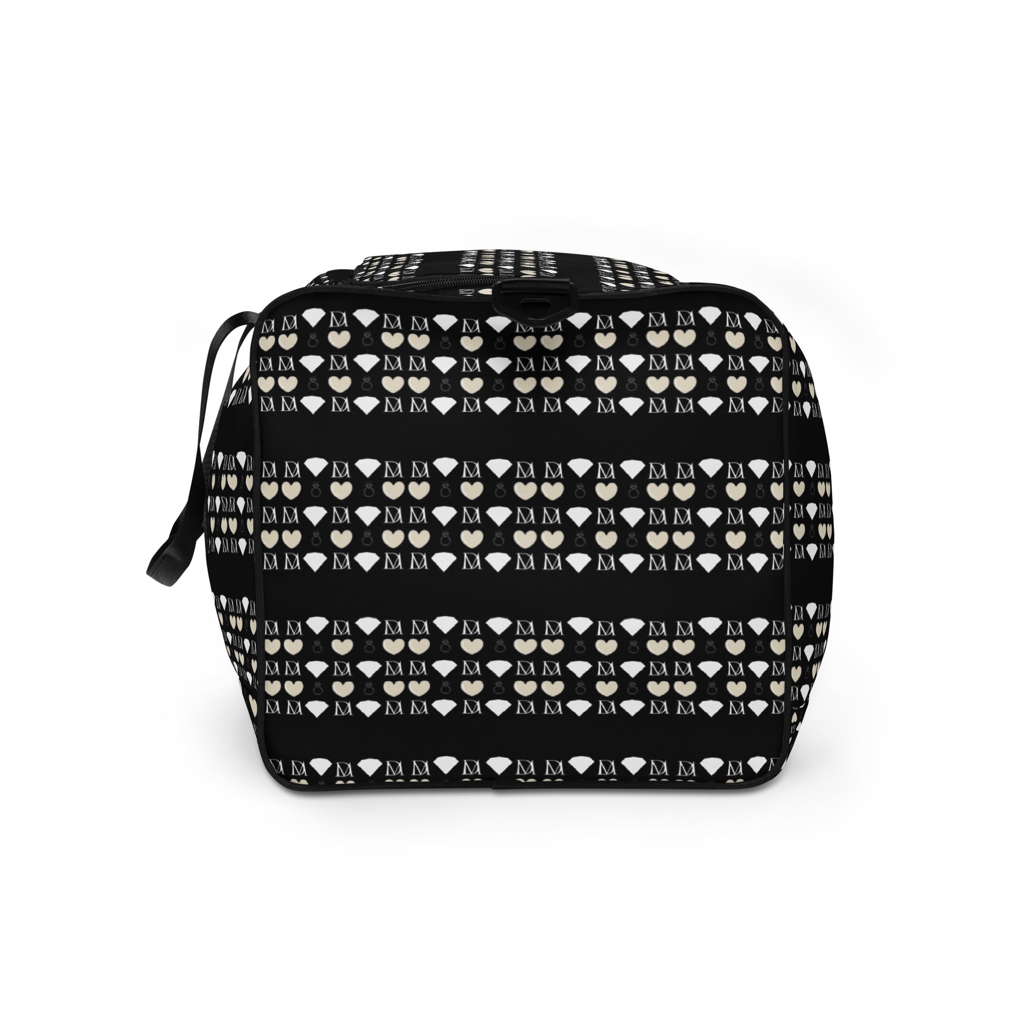Daemon Frosted Diamonds Rich Love all-over-print duffle bag in white with diamond pattern, featuring bold design on the left side.