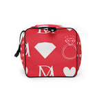 Daemon Frosted Diamonds La Flame duffle bag with all-over white print, featuring bold graphic design and sturdy handles.