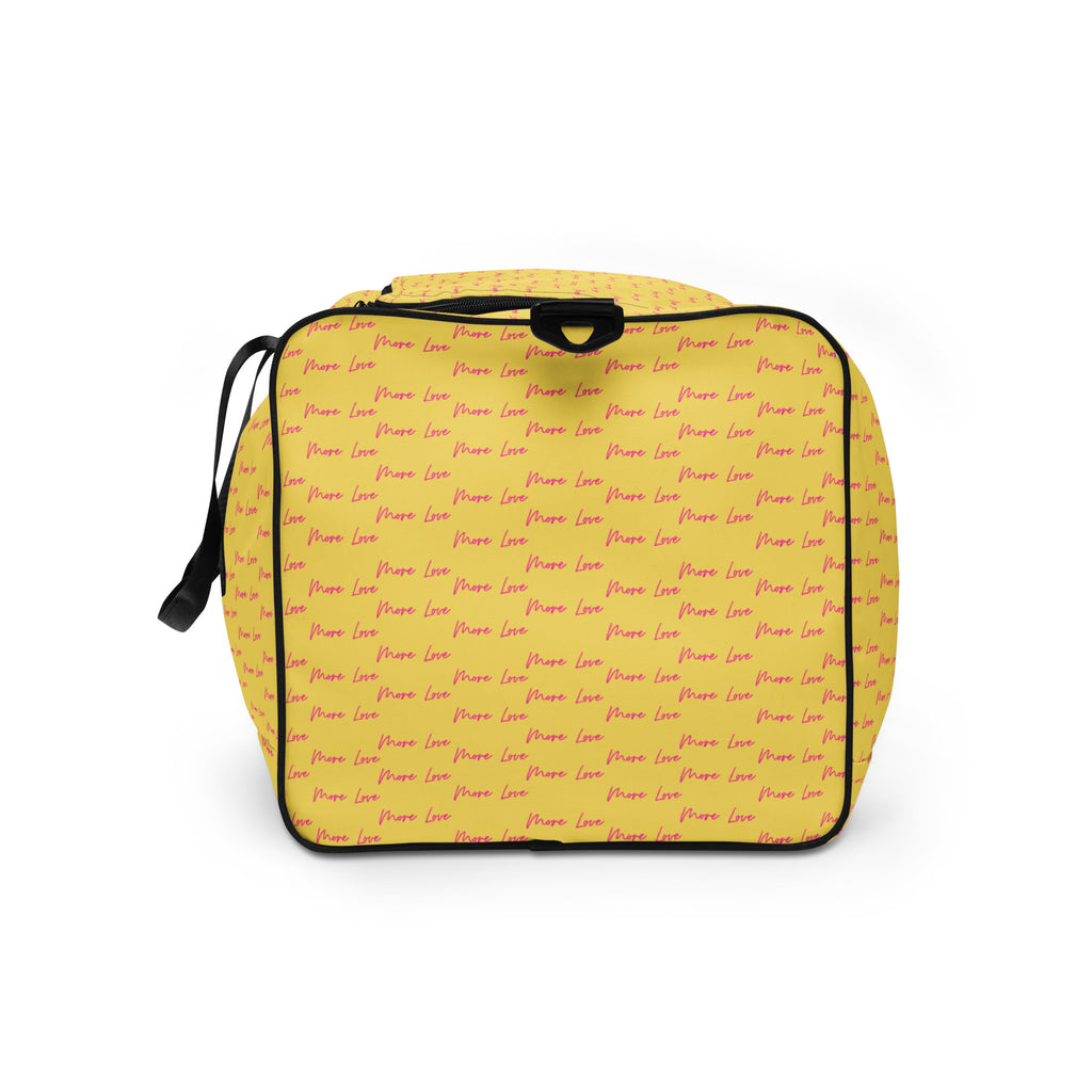White all-over print Pacifica Solar Butter duffle bag by Daemon Luxury, shown from the left side with a spacious design.