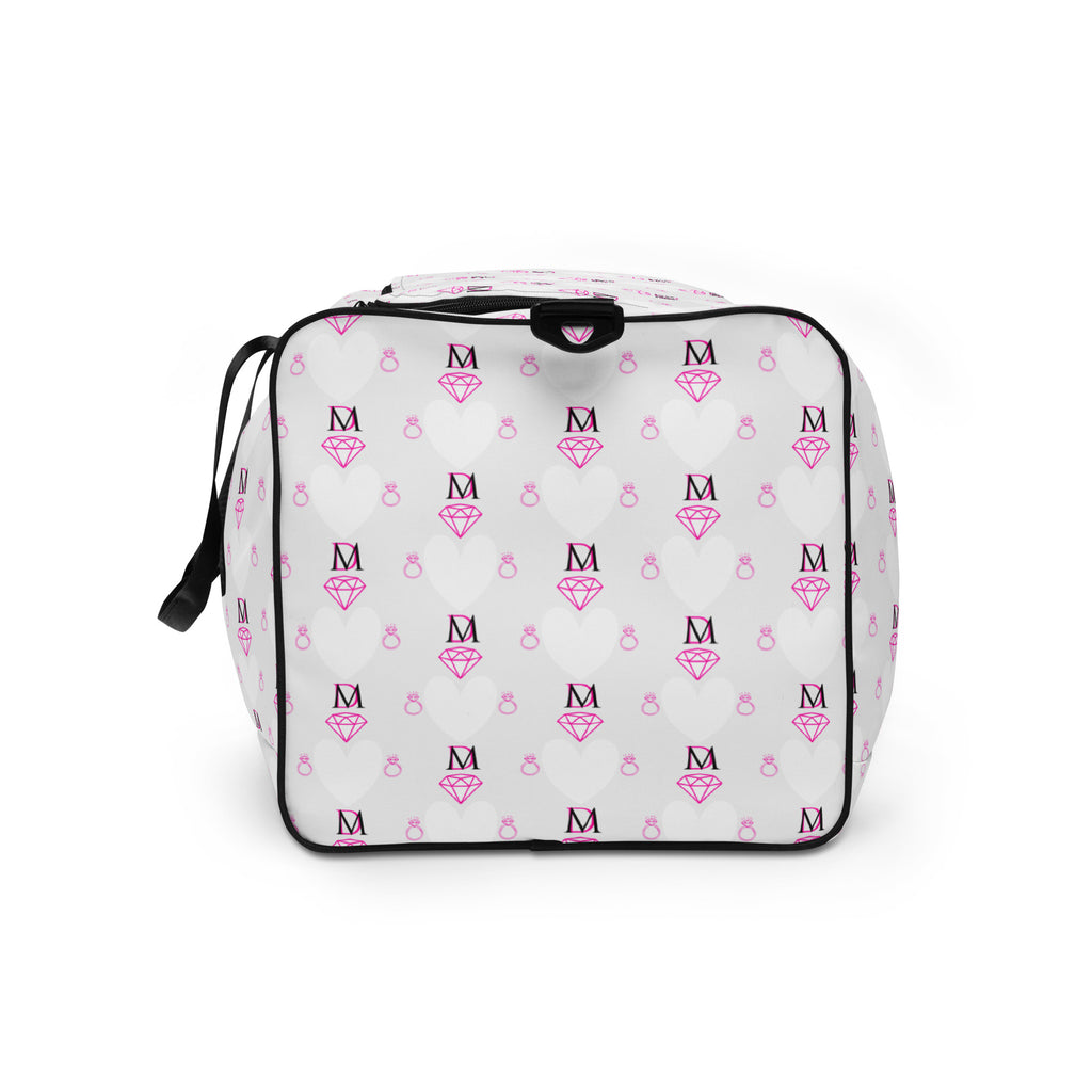 Frosted Hearts Artica Borsone duffle bag with all-over white heart print, stylish and spacious for travel or gym use.