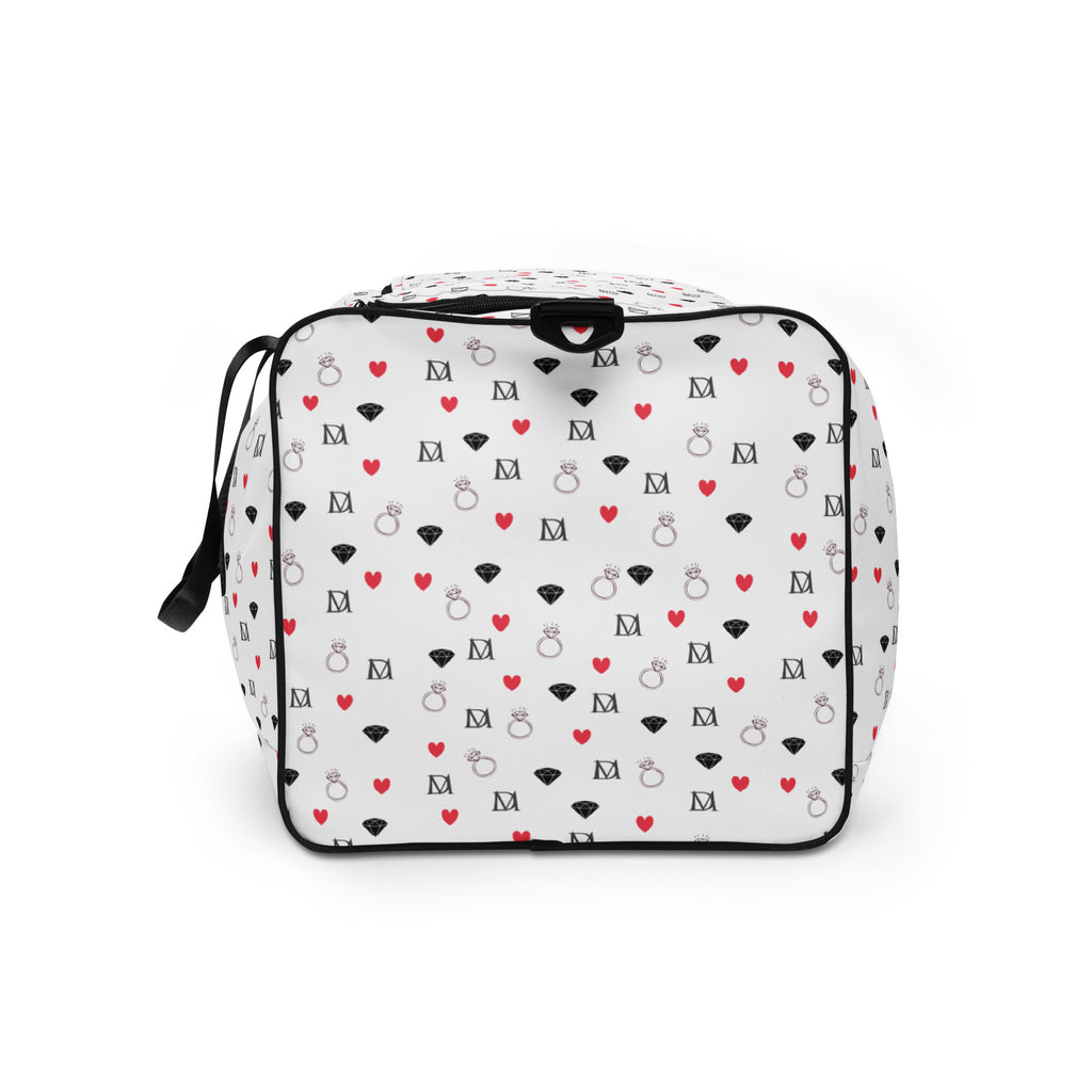 Daemon Luxury Speckled Diamonds Artica Blizzard Borsone duffle bag with all-over white and black diamond pattern, side view.
