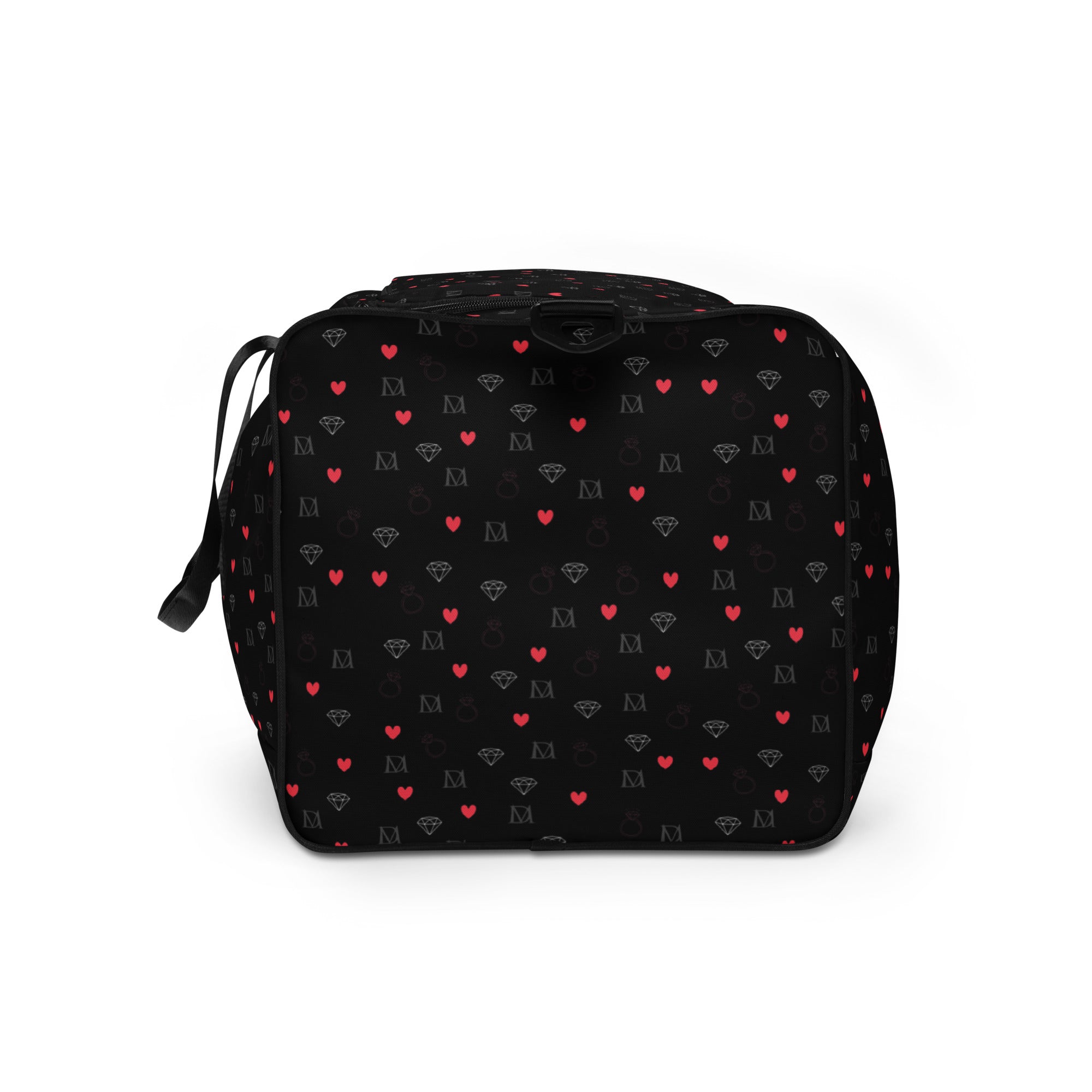 Daemon Luxury Speckled Diamonds NEMESIS duffle bag with all-over white print, showcasing its stylish, spacious design.