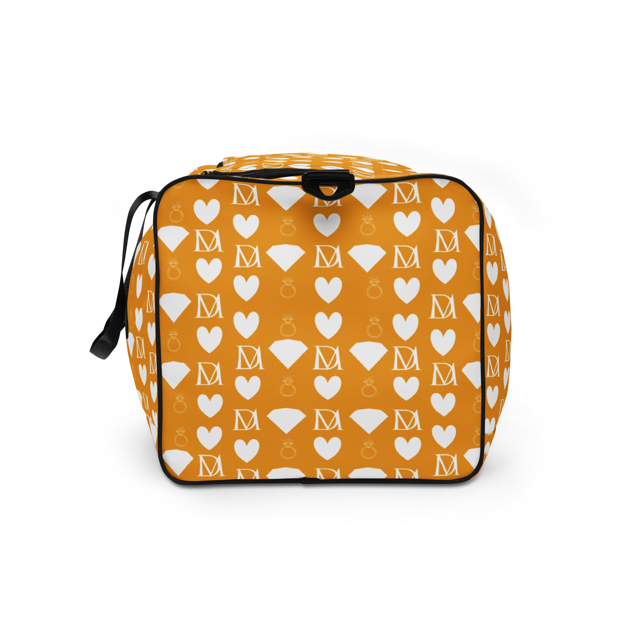 Daemon Luxury Frosted Diamonds Tarmin Honeybees all-over-print duffle bag in white, showcasing detailed diamond pattern on side view.