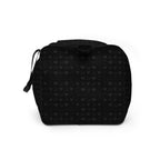 Daemon Luxury Frosted Diamonds platinum dim all-over-print duffle bag with white design, showing left side view.