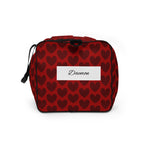 White all-over-print Daemon Luxury Heartfelt Borsone duffle bag displayed from the left side with stylish design.