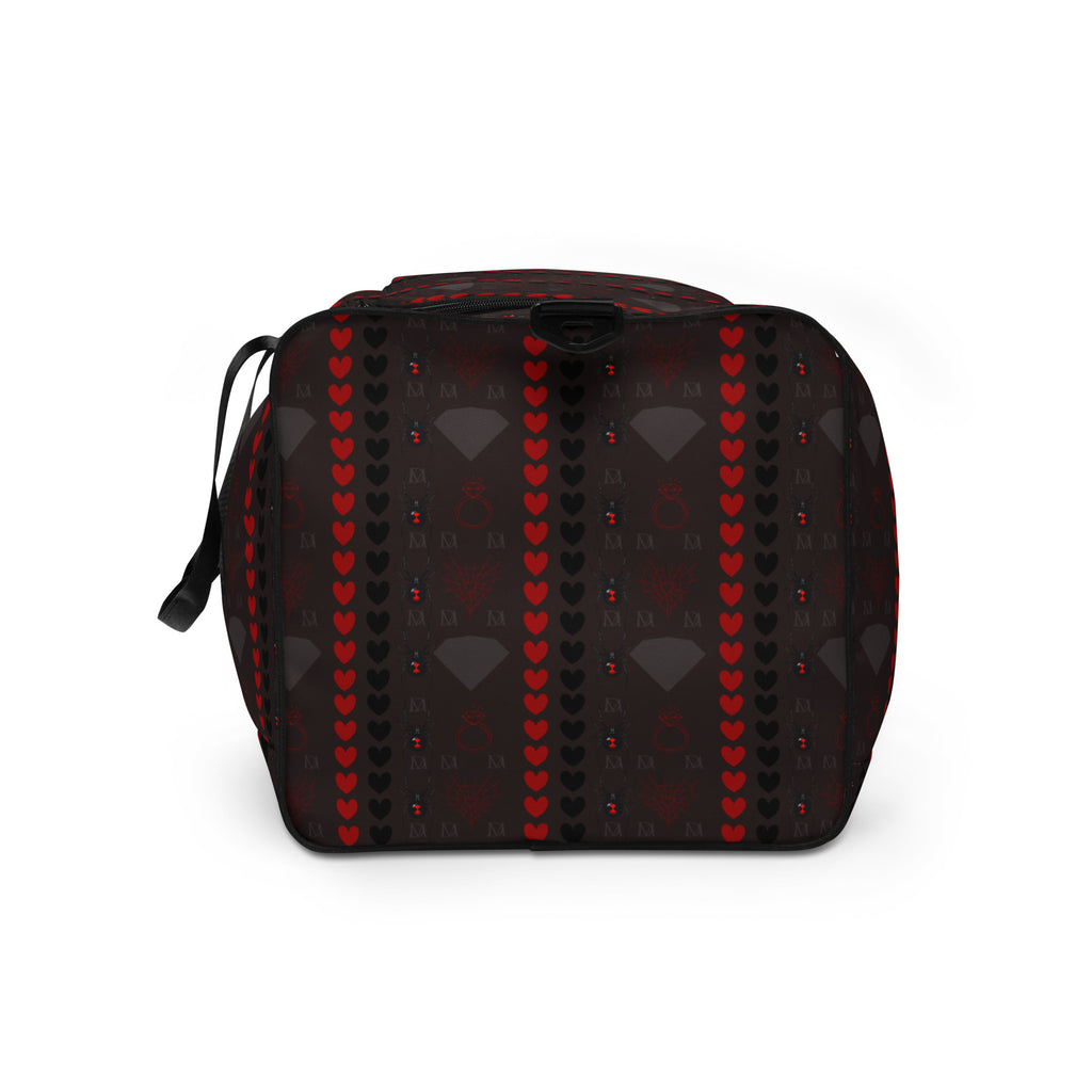 White Daemon Luxury Supreme Models More Less Love duffle bag with all-over print, showing the side view and detailed design.