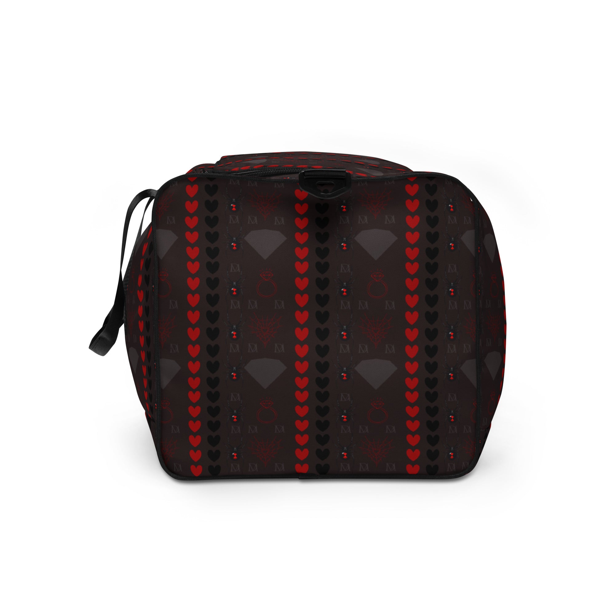 White Daemon Luxury Supreme Models More Less Love duffle bag with all-over print, showing the side view and detailed design.