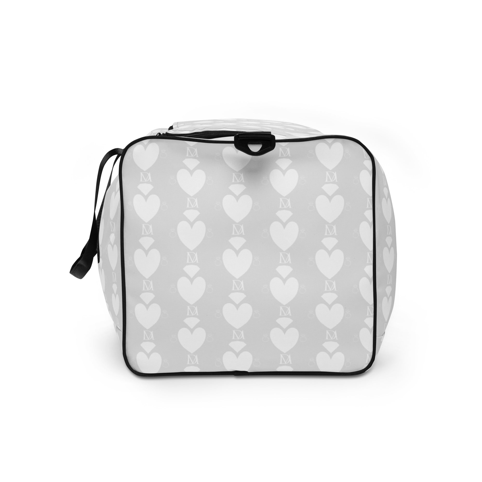 White all-over-print duffle bag with frosted heartfelt sunless design by Daemon Luxury, showing the left side.