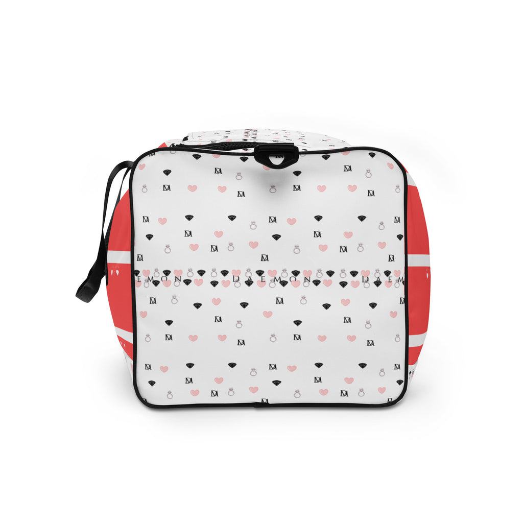 Daemon Luxury SACHI BANS Artica Blizzard duffle bag with all-over white print, showing the left side of the stylish borsone.