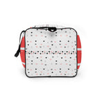Daemon Luxury SACHI BANS Artica Blizzard duffle bag with all-over white print, showing the left side of the stylish borsone.