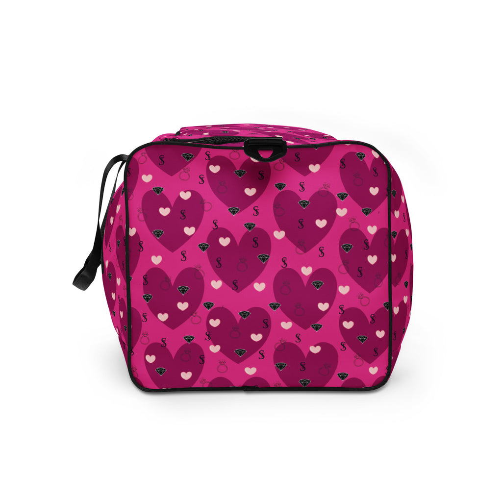 Heartfelt STF Little Magenta Borsone duffle bag by Daemon Luxury with all-over pink and white print, front view with side details.
