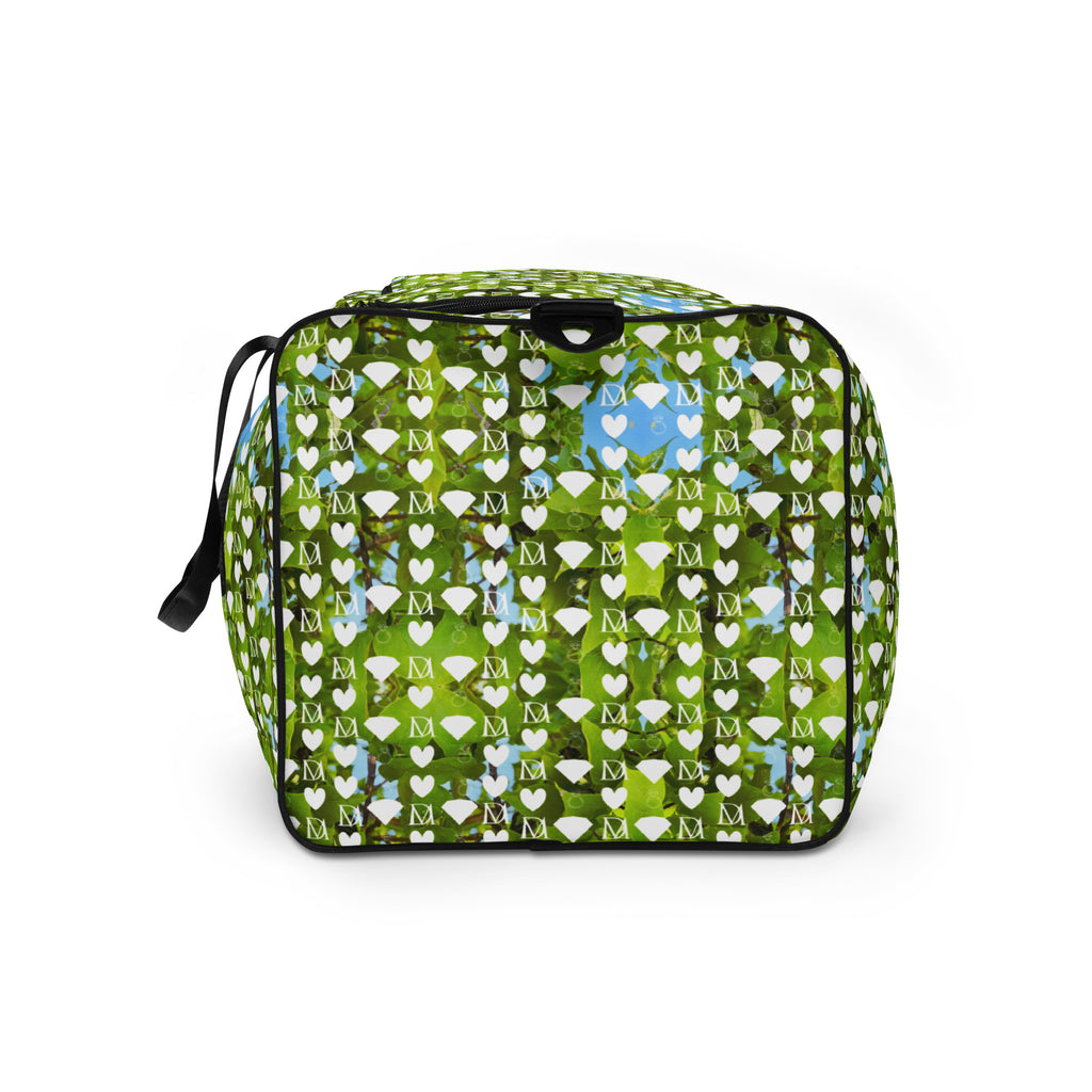 Daemon Luxury Belly Red’s Garden Rebirth all-over-print duffle bag in white, showing side view with floral design.