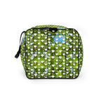 Daemon Luxury Belly Red’s Garden Rebirth all-over-print duffle bag in white, showing side view with floral design.
