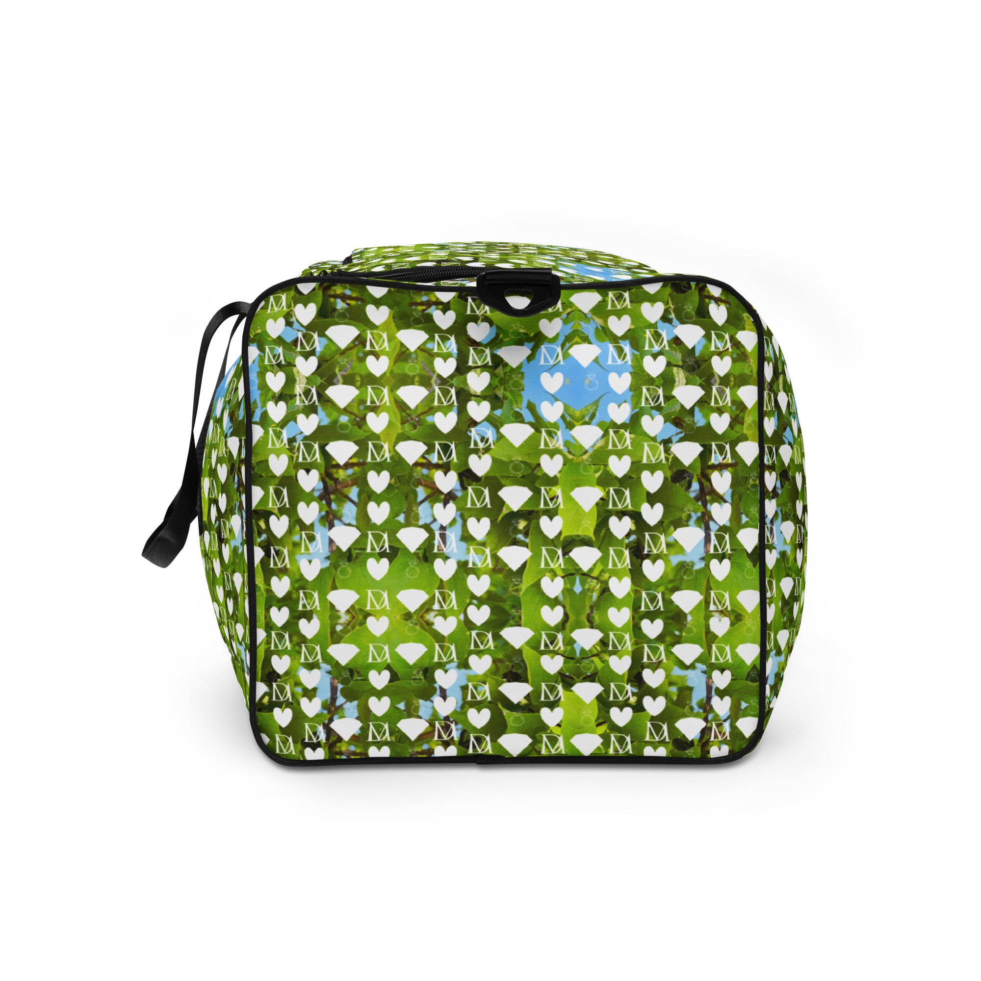 Daemon Luxury Belly Red’s Garden Rebirth all-over-print duffle bag in white, showing side view with floral design.