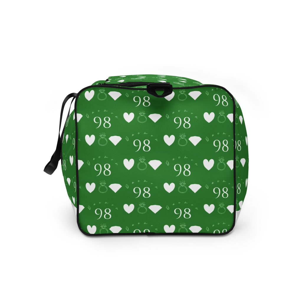 Daemon Luxury Belly Red’s Garden Enriched Bloom all-over-print white duffle bag with side view.