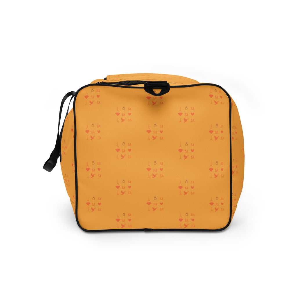 Daemon Luxury Makara Coroner all-over-print duffle bag with white background and black design, stylish and spacious for travel