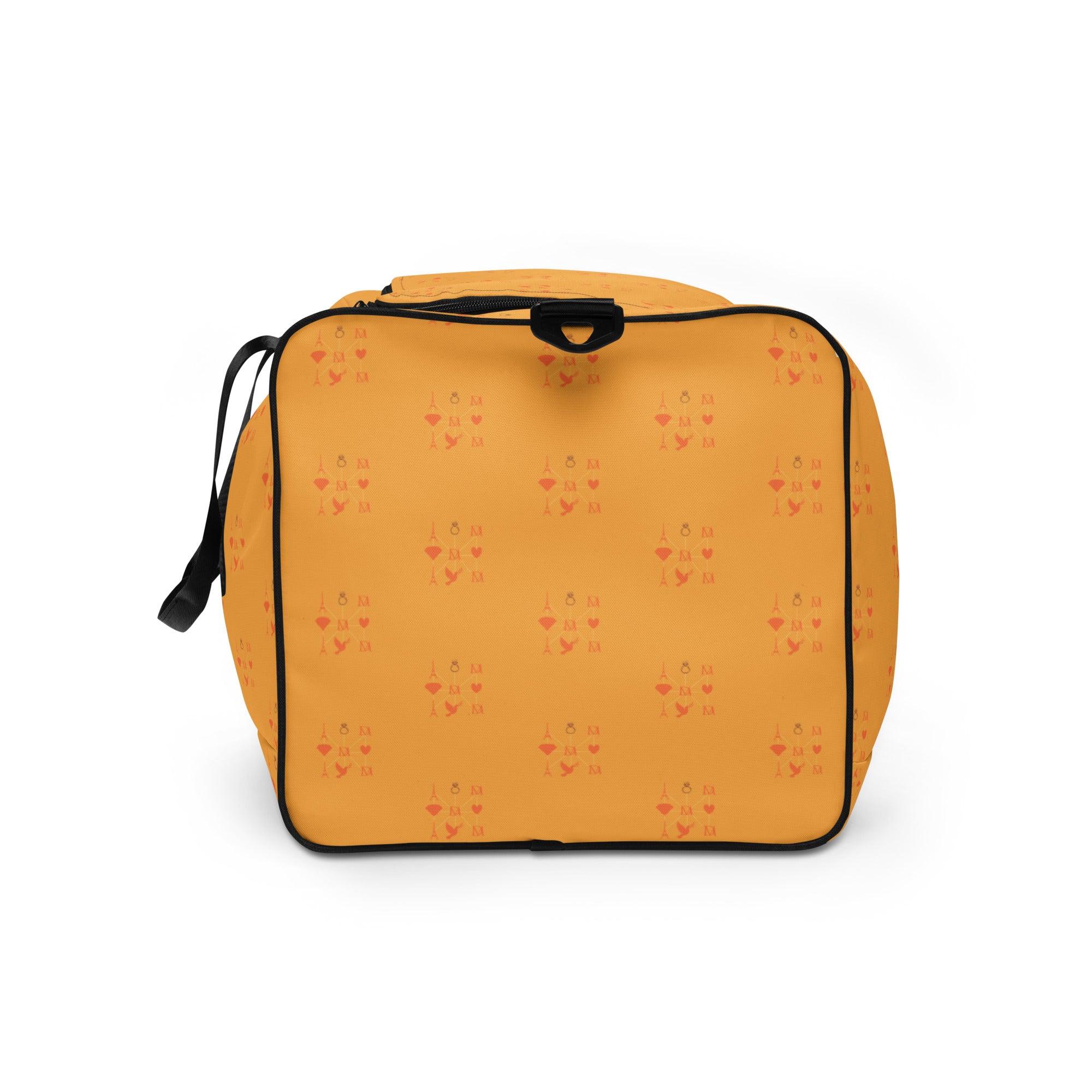 Daemon Luxury Makara Coroner all-over-print duffle bag with white background and black design, stylish and spacious for travel